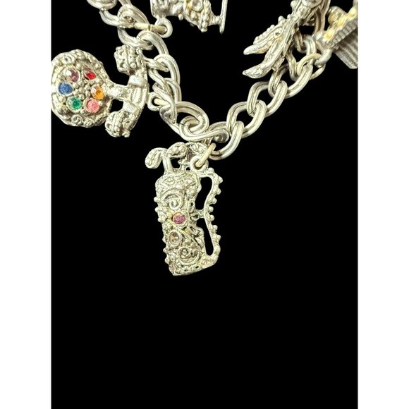 Vintage Silver-Tone Link Chain 9 Filigree Gem Charm Bracelet 7.5” - Picture 10 of 14